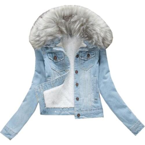 2020 Winter Fur Collar Denim Jackets Plus Velvet Warm parka Outerwear Women Cashmere Cotton Coat Girl Fashion Denim Jacket