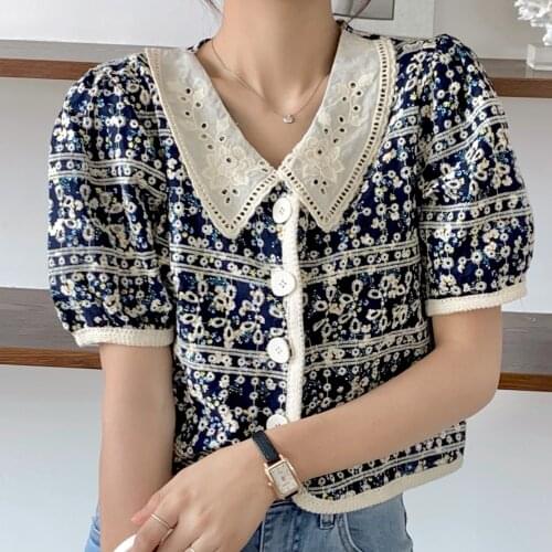 Alien Kitty Summer Fashion Office Lady Brief 2021 High Waist Retro Sweet OL New Florals Hollow Out Vintage Chic Femme Shirts