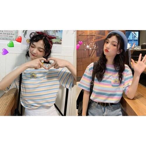 Womens Fashion Summer Casual Cartoon Print T Shirt Short Sleeve O-Neck Rainbow Striped Tee