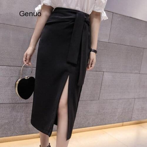 Womens Suede High Waisted Midi Skirt Spring Bodycon Split Sashes Skirts Female 2020 Autumn Office Lady Black Beige Clothes