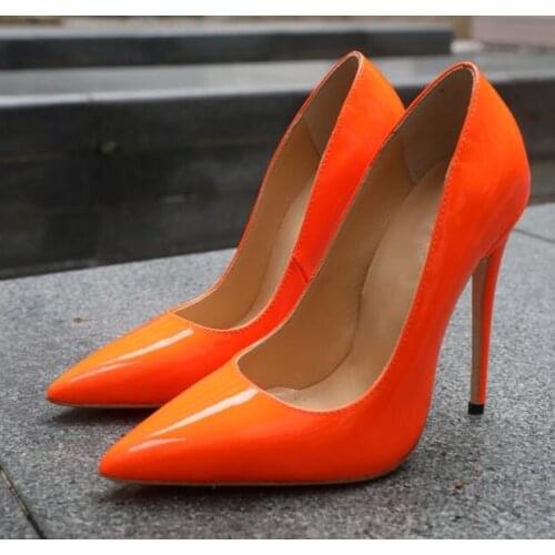 Women Orange Patent Leather Pointed Toe Dress Pumps Ladies Slip-on Stiletto High Heels Wedding Party Shoes Woman Shallow Heels