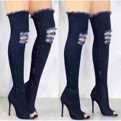 Womens Boots Summer Autumn Open Toe Knee Boots High Elastic Jeans Fashion Boots High Heels Boots