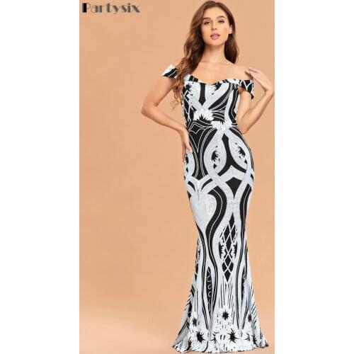 Partysix 2021 New white Sequined Off The Shoulder Short Sleeve Sexy Women Dress Long Elegant Party Prom Clubwear Formal Dress