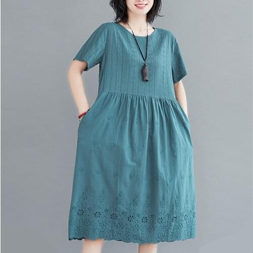 Korea Style Embroidery Hollow Out Fashion Women Dress 2021 New Arrival Loose Summer Dress Cotton Linen Travel Casual Midi Dress