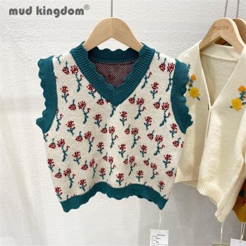 Mudkingdom Girl Sweater Vest Floral V-neck Wavy Edge Loose Fit Sleeveless Tops for Toddler Drop Shoulder Clothes Spring Autumn