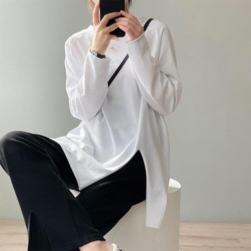 2021 Spring Women Loose T Shirts Long Sleeve 100% Cotton Tops Pullover Boyfriend Style Women Long White Tees