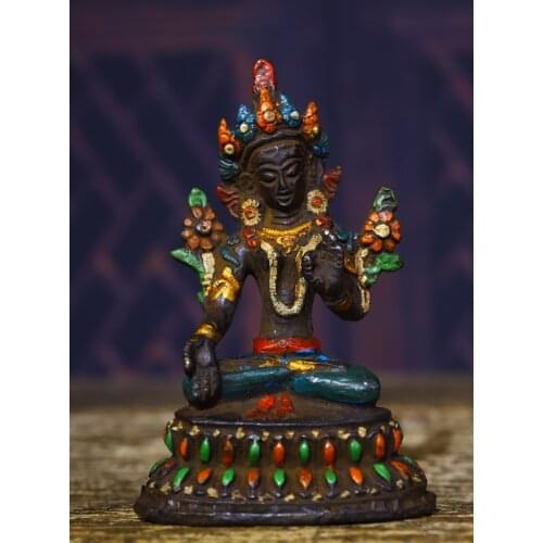 4" Tibet Buddhism Old Bronze Engraved Tracing Green Tara Guanyin Buddha statue Enshrine the Buddha Town House Exorcism