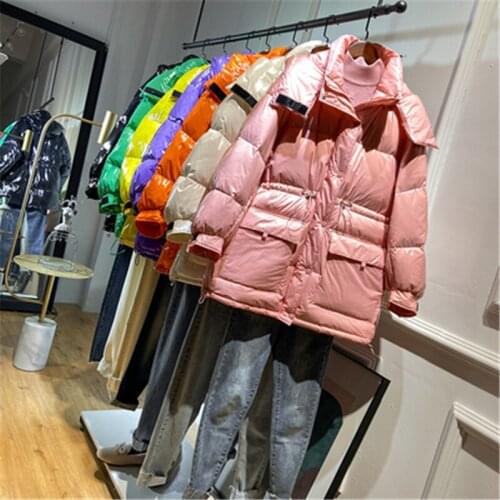 Patent Leather Shiny Down Jacket Women Mid-Long Section 2020 Winter New Style Hooded Loose Waist Thickening Warm Down Jacket