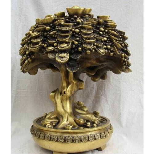Fast shipping USPS to USA S2543 17" China Chinese Brass Folk treasure bowl money tree coin wealth Yuan Bao Statue