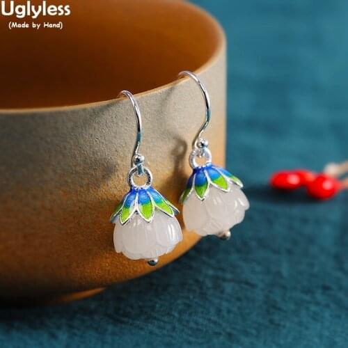 Uglyless Ethnic Enamel Lotus Earrings for Women Natural Hetian Jade Lotus Flowers Earrings Real 925 Silver China Chic Jewelry