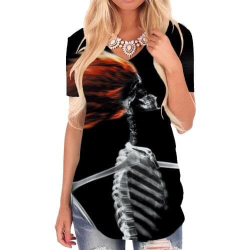 Giyu Brand Skull T-shirt women Skeleton T-shirts 3d Hair Dryer Tshirts Printed Hip Hop V-neck Tshirt Womens Clothing Summer Cool