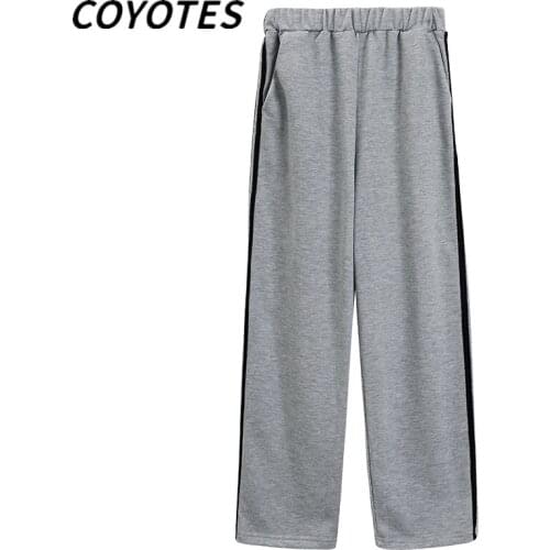 COYOTES Womens Pants High-Waist Striped Straight Pant Women Harajuku Korean Style Trousers Elastic Waist Loose Leisure Trendy