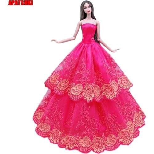 Red Lace Floral Wedding Dress For Barbie Doll Clothes Multi-layer Outfits Party Gown For 1/6 BJD Dolls Accessories Kids Toys
