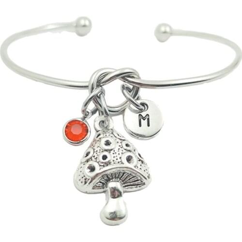 Mushroom Retro Creative Initial Letter Monogram Birthstone Adjustable Bracelet Fashion Jewelry Women Gift Pendant