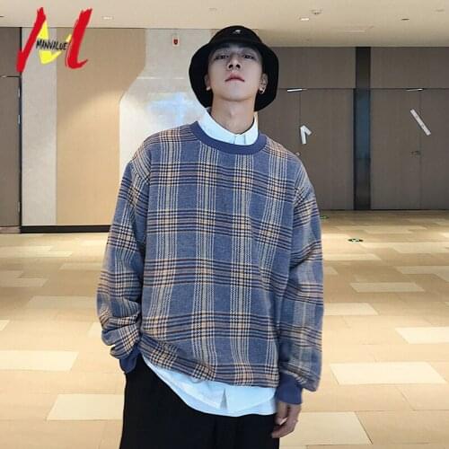 MANVALUE Spring and Autumn Mens New Cotton Leisure Clothes Young Students Plaid Ribbon Oversized Fashion Woolen Hoodies