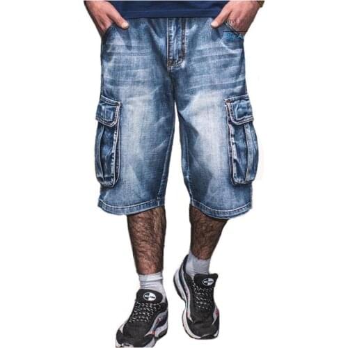Mcikkny Summer Mens Cargo Denim Shorts Multi pockets Hip Hop Loose Jeans Shorts For Male Washed