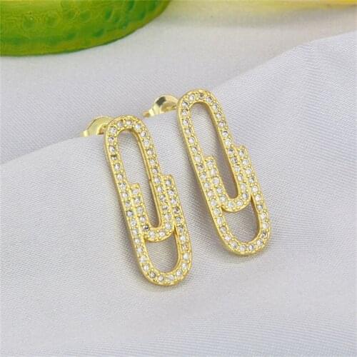 ALLNEWME Minimalist Shiny CZ Stone Paperclip Drop Earrings for Women Brass Gold Hollow Safety Pin Hanging Dangle Earrings Gift