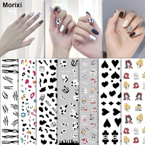 Cartoon nail art sticker self adhesive manicure accessories for girls milk cow heart poker black white nail strips YJ006