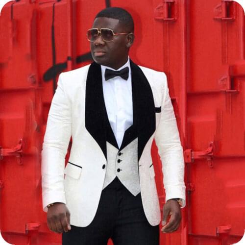 White Pattern Floral Men Suits Wedding Suits for Man Blazer Jacket 3Piece Pants Vest Groomsmen Suit Groom Tuxedo Terno Masculino