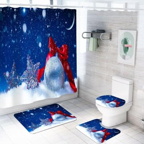 4 Pieces Red Bow Starfish Ball Shower Curtain Set Merry Christmas Bath Sets Home Bath Decor Carpet 3D Print Cartoon Bathroom Set