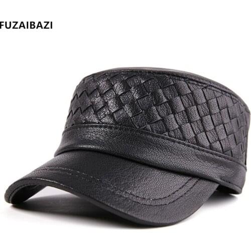 FUZAIBAZI New Mens Genuine Leather Hat Autumn Winter Fashion Sheep Skin Military Hat Adjustable Size Leisure Keep Warm Hats