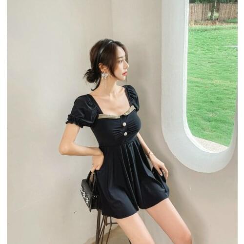 2021 New Short Sleeve Swimsuit Women Black One Piece Swimwear Korean Style Square Collar Skirted Summer Beachwear with Pads