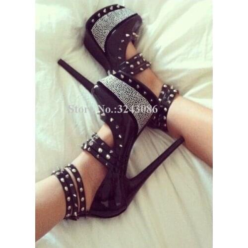 Women New Rivets Crystal Platform Sandals Fashion Spike Ankle Buckle Stiletto Heel Pumps Gladiator Sandals Shoes Lady Large Size