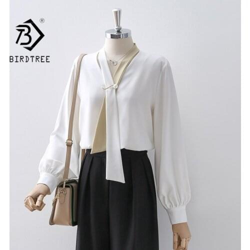 Autumn Women White Shirt Vintage Lantern Sleeve Chiffon Blouse With Brooch V-Neck Elegant Office Wear Fall Spring Bow Tie Tops T
