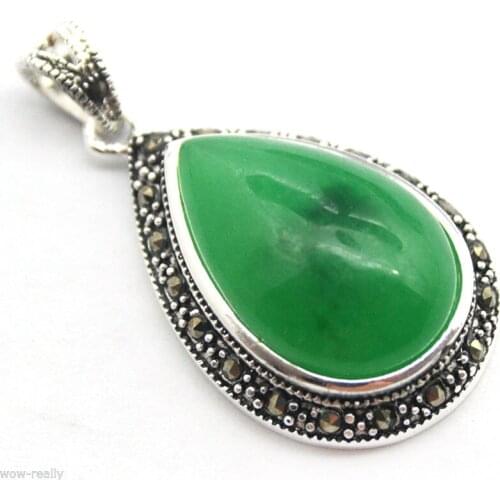 Pretty 40X20mm Green Jades Beads MARCASITE 925 STERLING SILVER Unisex Pendant
