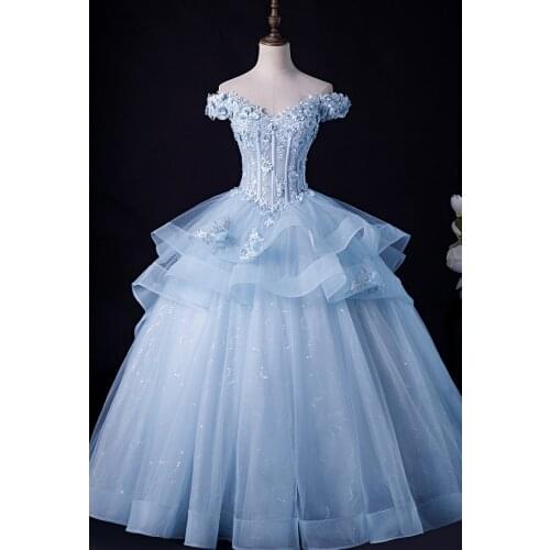 Luxury light blue beading flower embroidery ball gown princess/queen Medieval Victorian Ball stage performance/event/studio