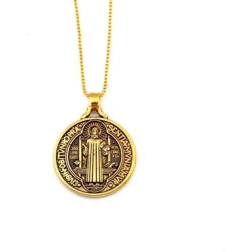 Saint St Benedict of Nursia Patron Against Evil Cross Medal Religious Pendant Necklaces 23.6inches 10pcs Antique gold A-484d1