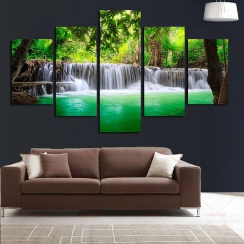 Modern 5 Panel Waterfall Green Ancient Tree Water Landscape Canvas Painting Wall Art Poster And Print For Living Room No Frame
