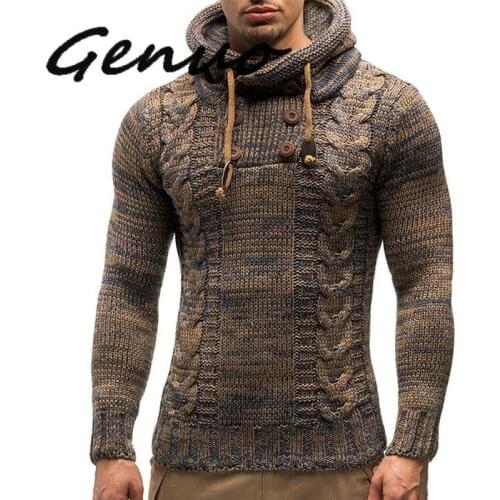 Genuo Mens Sweater Autumn Winter Pullovers Knitted Sweaters Coat Hooded Sweaters Jacket Outwear Casual Slim Turtleneck Top