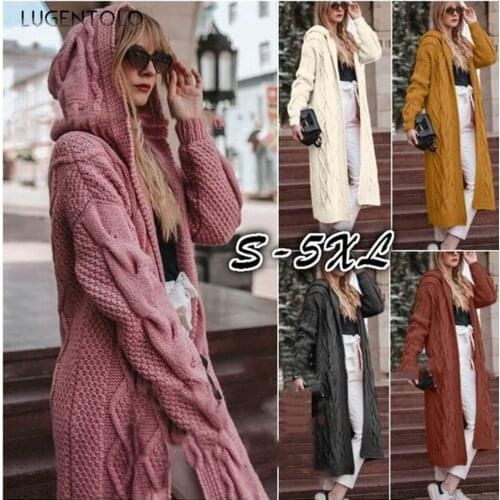 Sweater Knitted Cardigan Women Solid Long-sleeved Hooded Long Paragraph Autumn and Winter New 5 Color Plus Size 5XL Lugentolo