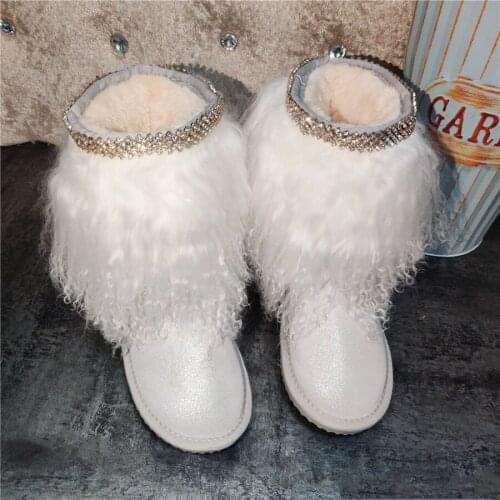 Handmade Crystal Opening Sheep Wool Covered Snow Boots White Bling Pearl Leather Plush Warm Boots Ladies Mid-Calf Winter Boots