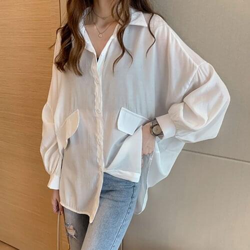 Spring Lantern Sleeve Loose White Blouse Shirts 2021 Plus Size Long Shirt Women Casual Tops Korean Office Solid Blouses 12675