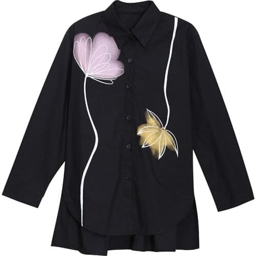 2021 Autumn New Design Turn Down Collar Asymmetrical Print Full Casual Women Shirts X503