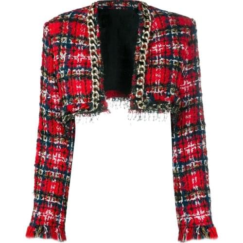 HIGH STREET Newest 2021 Designer Jacket Womens Fringed Tassel Plaid Tweed Crop Short Jacket