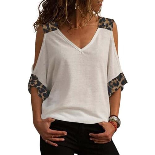 New Leopard Print Patchwork Tee Shirt And Tops Women Vintage Streetwear V-neck 3/4 Sleeve Off Shoulder Elegant T Shirt Femme