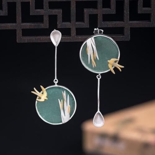 VLA 925 Silver RETRO Art Design Flying Swallow Earrings Womens Temperament Generous Willow Leaf Earrings