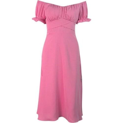 Sexy Women Dress Off Shoulder Solid Color Short Sleeve Waist Tight Large Hem Midi Dress for Party