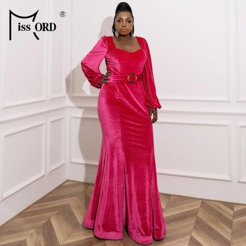 Missord 2021 Women Plus Size Elegant Belt Long Sleeve Bodycon Prom Evening Party Maxi Dress Solid Color Ladies Large Dresses