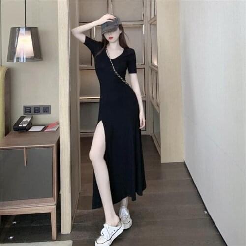 The New Fashion Temperament Korean Version Was Thin Waist Large Size Mid-Length Sexy Split Hip V-Neck Dress