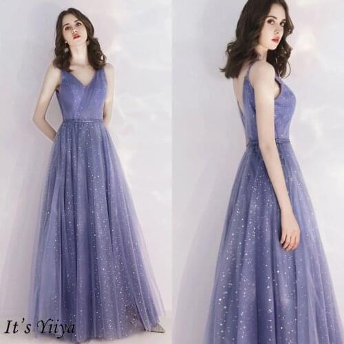 Its Yiiya Evening Dress Blue Sling Elegant Evening Dresses Long Stars Pattern Formal Gowns Plus Size LF188 robe de soiree 2020
