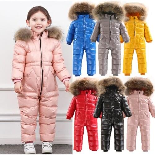 Russia Winter Unisex Baby Warm Thickening Hooded Rompers Fur Collar White Duck Down Jacket Girl Pink Clothes Waterproof Snowsuit