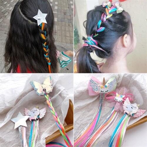 12pcs/lot New Cartoon Unicorn Hair Clip Cute Girl Color Star Wig Hairpins Bow Headdress Barrettes Kids Ponytail Hair Accessories