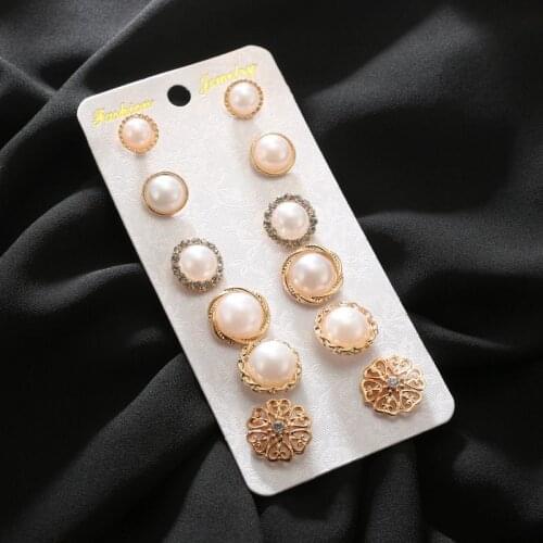 6 Pairs/set Women Stud Earrings Set With Round Pearl Diamond Flower Alloy Earrings Imulated Pearl Earrings Jewelry Free shipping