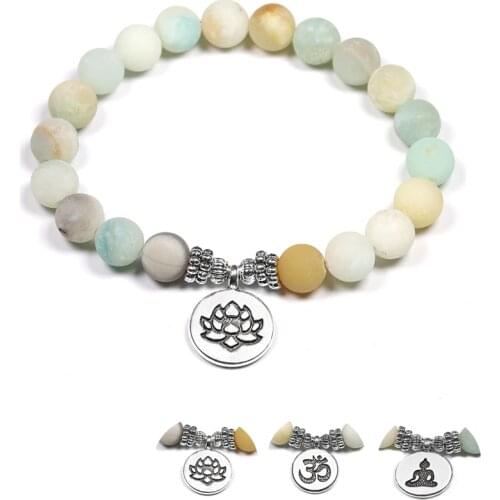 Natural Stone Yoga Bracelets 8mm Matte Amazonite Beads Bracelet With Lotus OM Buddha Charm Meditation Healing