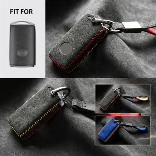 For Mazda 3 CX-30 2020 2021 Suede Leather Remote Start Car Key Case Fob Cover Protector Holder Shell Keychain Auto Accessories