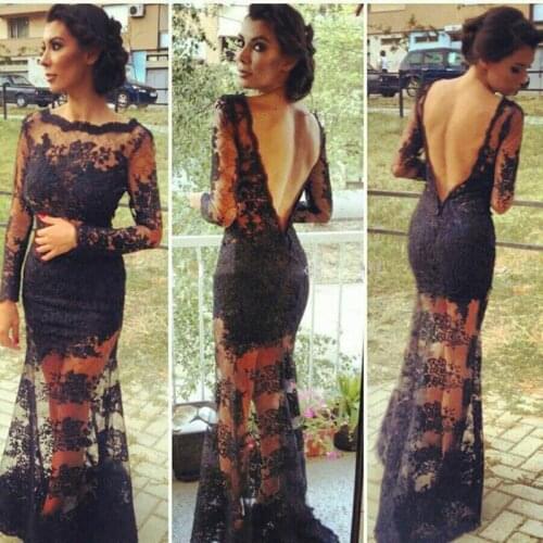 2016 Black Lace Backless Evening Gowns With Sheer Long Sleeves Inspired by Kim Kardashian Dresses Vestidos